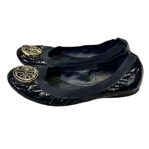 Tory Burch Black Patent Leather Ballet Flats Gold Logo‎ Size 10M Cofort Classic